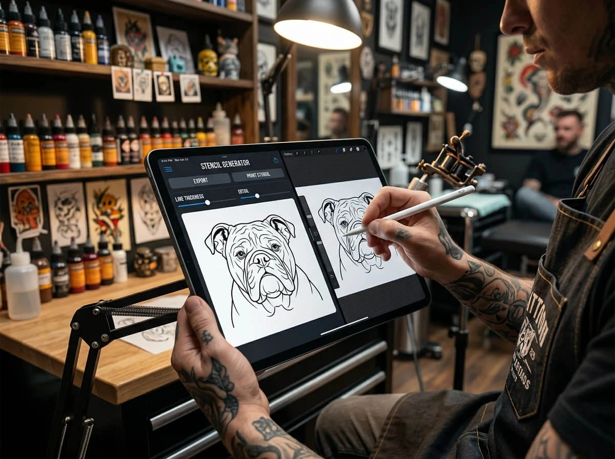 Before and after photo to line art stencil conversion | TattooVault