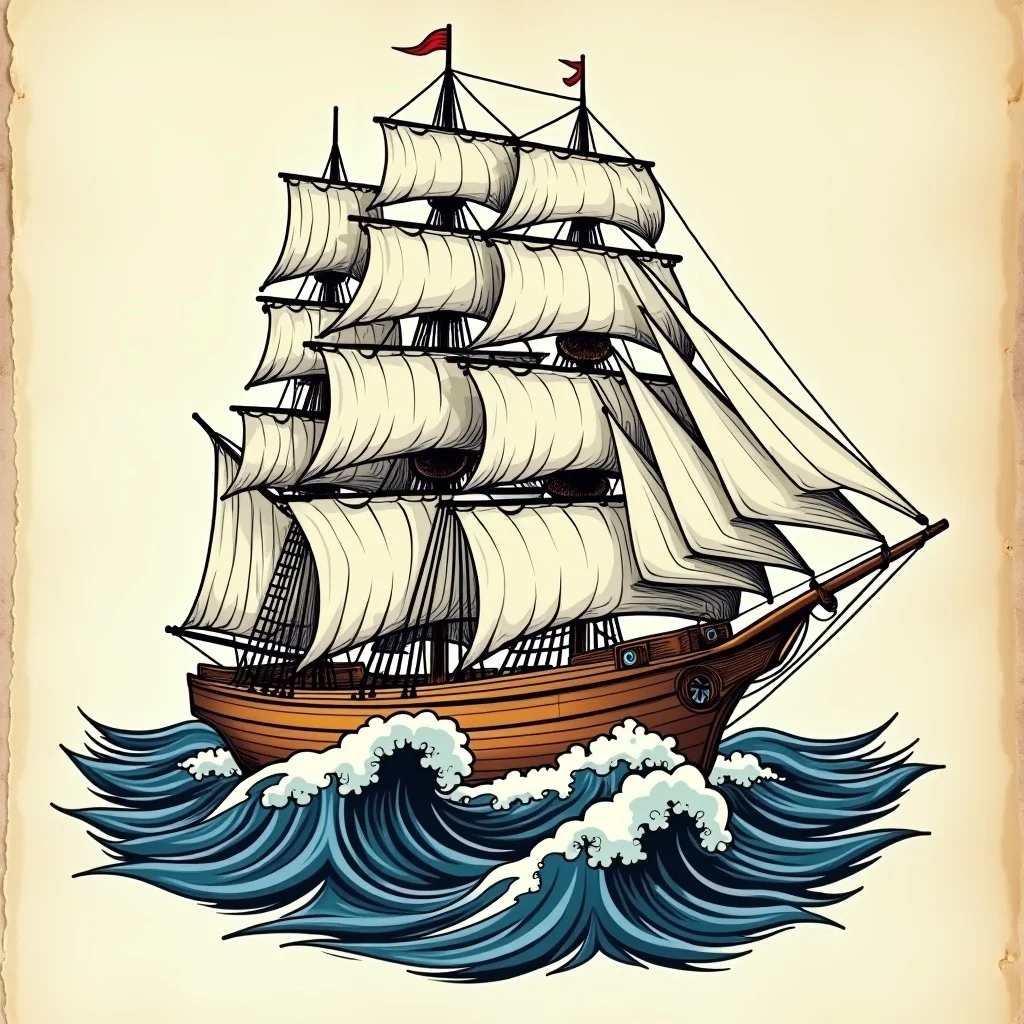 Traditional Tattoo Design: An old wooden sailing ship rid | TattooVault