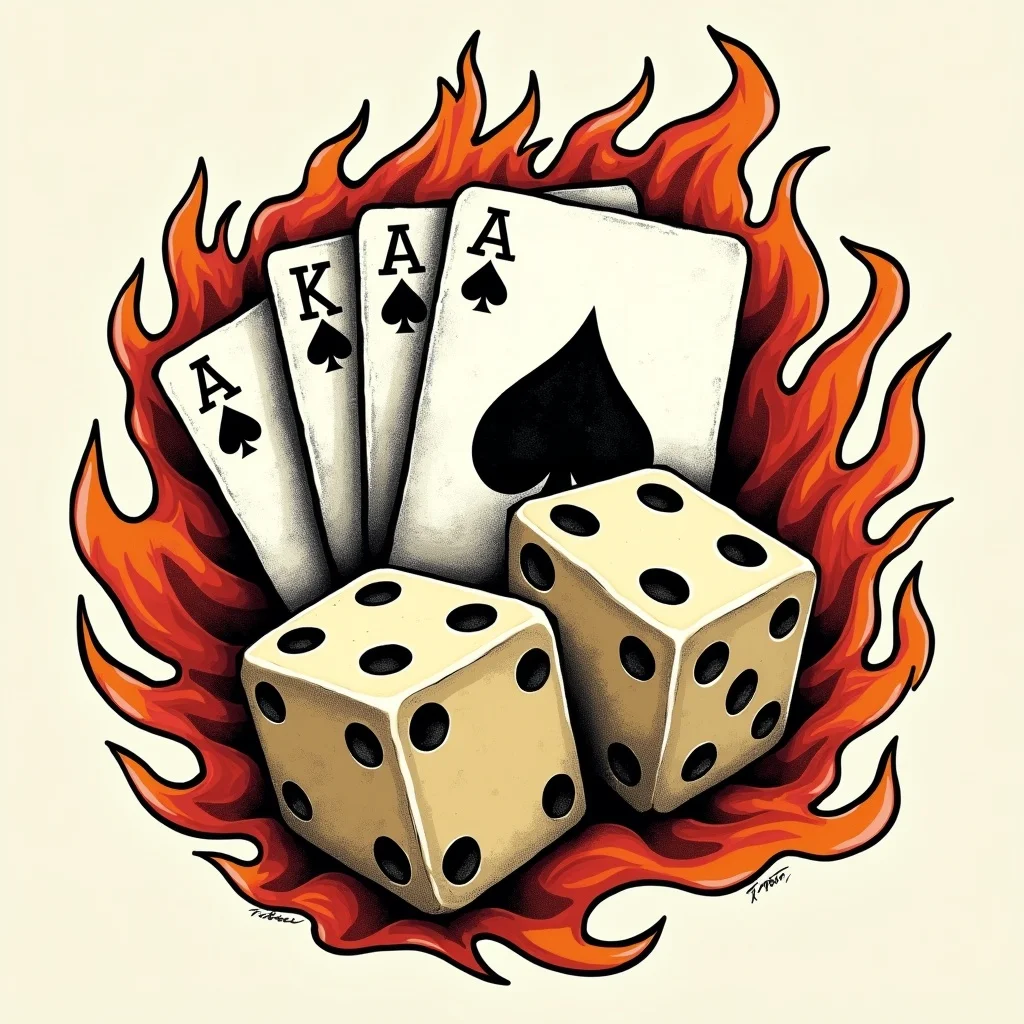 Traditional Tattoo Design: Two flaming dice rolling next  | TattooVault